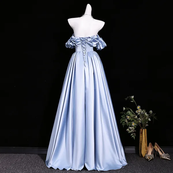New Money Sky Blue Satin Prom Dresses 2026 Ball Gown Off-The-Shoulder Ruffle Short Sleeve Backless Floor-Length / Long Formal Dresses