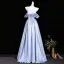New Money Sky Blue Satin Prom Dresses 2026 Ball Gown Off-The-Shoulder Ruffle Short Sleeve Backless Floor-Length / Long Formal Dresses