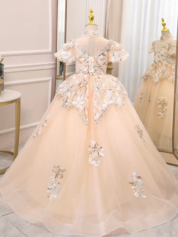 Elegant Champagne Beading Pearl Rhinestone Sequins Birthday Flower Girl Dresses 2024 Ball Gown High Neck Short Sleeve Backless Floor-Length / Long