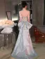 Charming Grey Beading Sequins Lace Flower Prom Dresses 2024 Trumpet / Mermaid Off-The-Shoulder Sleeveless Backless Bow Floor-Length / Long Prom Formal Dresses
