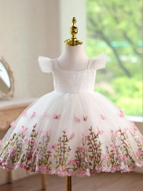 Flower Fairy White Butterfly Appliques Embroidered Birthday Flower Girl Dresses 2026 Ball Gown Square Neckline Sleeveless Backless Short