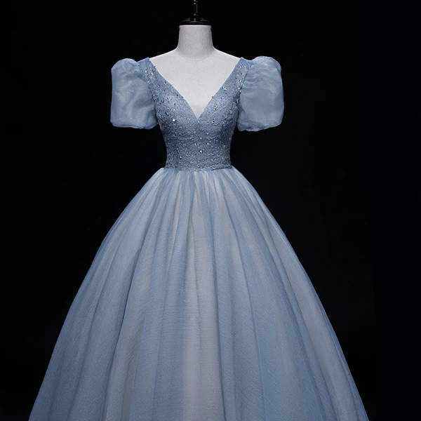 Chic / Beautiful Sky Blue Prom Dresses 2022 Ball Gown V-Neck Puffy Short Sleeve Backless Beading Rhinestone Sequins Floor-Length / Long Prom Formal Dresses