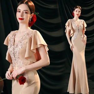 Charming Nude Lace Flower Evening Dresses 2022 Satin Trumpet Mermaid V Neck Beading Rhinestone Sequins Short Sleeve Backless Floor Length Long Evening Party Formal Dresses
