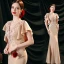 Charmant Nues En Dentelle Fleur Robe De Soirée 2022 Satin Trompette / Sirène V-Cou Perlage Faux Diamant Paillettes Manches Courtes Dos Nu Longue Soirée Robe De Ceremonie