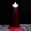 Classy Burgundy Rhinestone Velvet Evening Dresses 2025 Trumpet / Mermaid Off-The-Shoulder Short Sleeve Backless Sweep Train Evening Party Formal Dresses