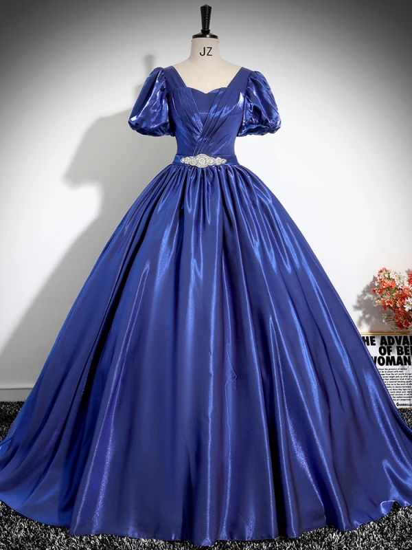 Vintage / Retro Royal Blue Rhinestone Prom Dresses 2024 Ball Gown Square Neckline Puffy Short Sleeve Backless Floor-Length / Long Prom Formal Dresses