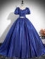 Vintage / Retro Royal Blue Rhinestone Prom Dresses 2024 Ball Gown Square Neckline Puffy Short Sleeve Backless Floor-Length / Long Prom Formal Dresses