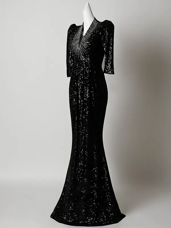 Scintillantes Noire Paillettes Robe De Soirée 2026 Trompette / Sirène V-Cou 3/4 Manches Longue Robe De Ceremonie