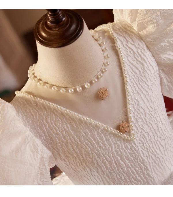 Chic / Beautiful White Pearl Tassel Birthday Flower Girl Dresses 2024 Ball Gown V-Neck Puffy Short Sleeve Backless Floor-Length / Long