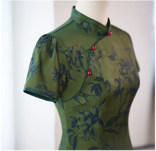 Vintage / Retro Chinese style Dark Green Summer Printing Cheongsam 2024 Trumpet / Mermaid High Neck Short Sleeve Tea-length