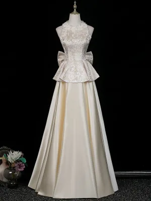 Élégant Champagne Appliques Noeud Robe De Soirée 2026 Princesse Col Haut Sans Manches Longue Soirée Robe De Ceremonie