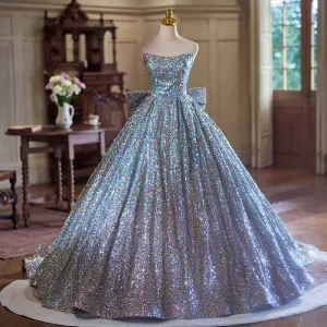 Sparkly Multi Farger Paljetter Ballkjoler 2024 Ballkjole Strapless Uten Ermer Ryggløse Sløyfe Feie Tog Ball Formelle Kjoler