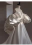 Audrey Hepburn Style White Satin Wedding Dresses 2024 Ball Gown Strapless Puffy Short Sleeve Backless Sweep Train Wedding