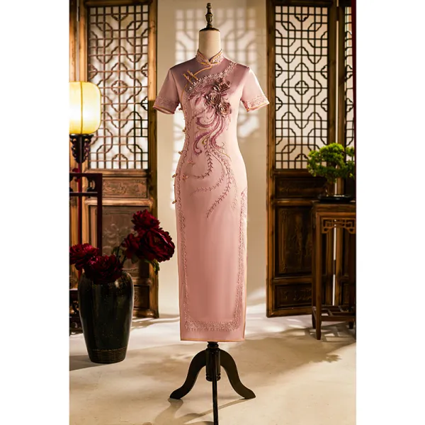 Chinese style Blushing Pink Lace Flower Tea-length Cheongsam 2024 Trumpet / Mermaid High Neck Short Sleeve Prom