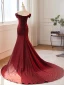 Chic / Beautiful Burgundy Split Front Prom Dresses 2024 Trumpet / Mermaid Off-The-Shoulder Sleeveless Backless Court Train Prom Formal Dresses