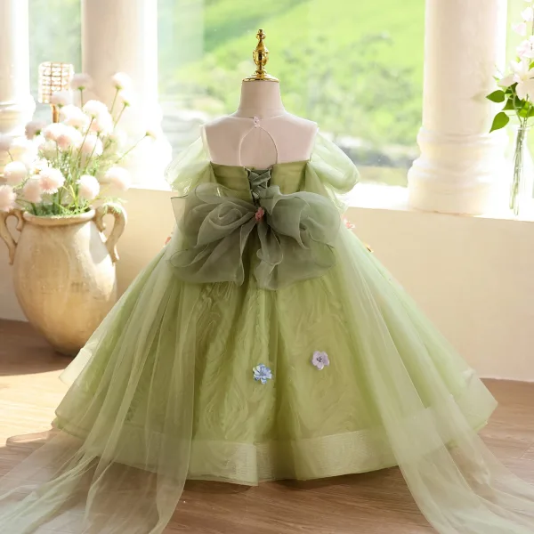 Flower Fairy Sage Green Multi-Colors Appliques Birthday Flower Girl Dresses 2025 Ball Gown Off-The-Shoulder Short Sleeve Backless Floor-Length / Long