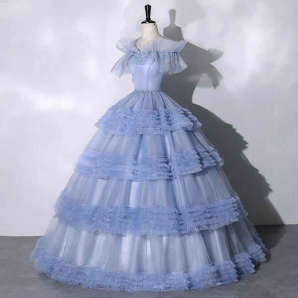 Chic / Beautiful Sky Blue Cascading Ruffles Prom Dresses 2023 Ball Gown Off-The-Shoulder Ruffle Short Sleeve Backless Floor-Length / Long Prom Formal Dresses