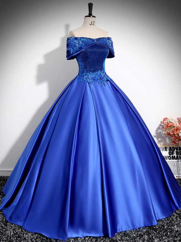 Vintage / Retro Royal Blue Beading Lace Flower Satin Prom Dresses 2024 Ball Gown Off-The-Shoulder Sleeveless Backless Floor-Length / Long Prom Formal Dresses