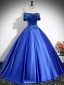 Vintage / Retro Royal Blue Beading Lace Flower Satin Prom Dresses 2024 Ball Gown Off-The-Shoulder Sleeveless Backless Floor-Length / Long Prom Formal Dresses