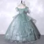 Elegant Sage Green Beading Lace Flower Cascading Ruffles Prom Dresses 2023 Ball Gown Spaghetti Straps Short Sleeve Backless Floor-Length / Long Prom Formal Dresses