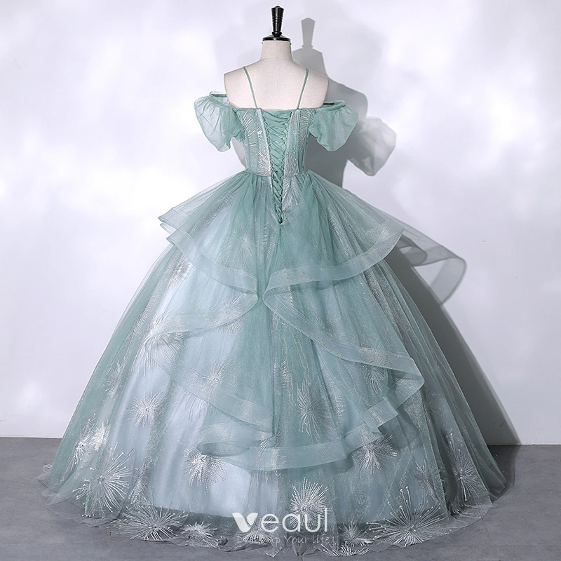 Elegant Sage Green Beading Lace Flower Cascading Ruffles Prom Dresses 2023 Ball Gown Spaghetti Straps Short Sleeve Backless Floor-Length / Long Prom Formal Dresses Elegant Sage Green Beading Lace Flower Cascading Ruffles Prom Dresses 2023 Ball Gown Spaghetti Straps Short Sleeve Backless Floor-Length / Long Prom Formal Dresses