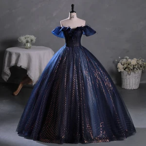 Vintage Originale Bleu Marine Paillettes Robe De Bal 2023 Robe Boule De L Épaule Gland Sans Manches Dos Nu Longue Promo Robe De Ceremonie