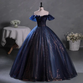 Vintage Originale Bleu Marine Paillettes Robe De Bal 2023 Robe Boule De L Épaule Gland Sans Manches Dos Nu Longue Promo Robe De Ceremonie