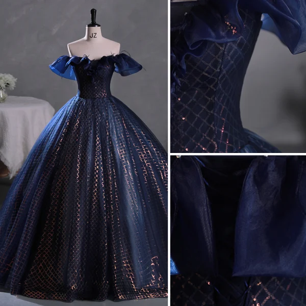 Vintage / Originale Bleu Marine Paillettes Robe De Bal 2023 Robe Boule De l'épaule Gland Sans Manches Dos Nu Longue Promo Robe De Ceremonie