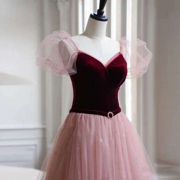 Chic / Beautiful Burgundy Suede Prom Dresses 2022 A-Line / Princess Square Neckline Puffy Short Sleeve Backless Floor-Length / Long Formal Dresses