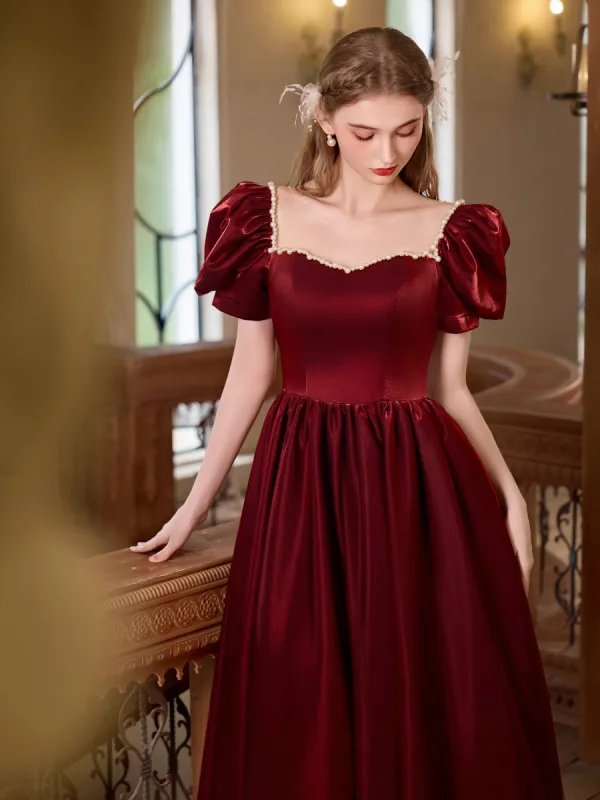 Chic / Beautiful Burgundy Pearl Prom Dresses 2025 A-Line / Princess Square Neckline Puffy Short Sleeve Backless Floor-Length / Long Formal Dresses