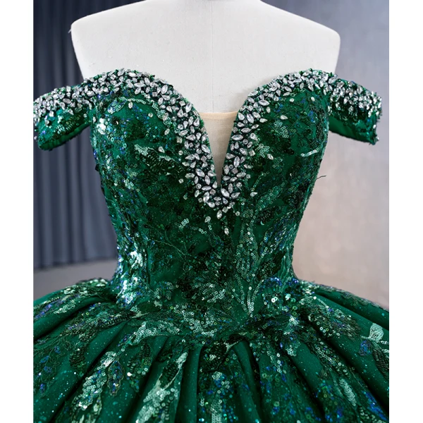 Vintage / Retro High-end Dark Green Handmade  Beading Rhinestone Sequins Prom Dresses 2023 Ball Gown Off-The-Shoulder Sleeveless Backless Court Train