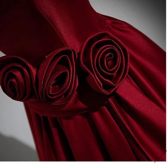 Chic / Belle Bordeaux Satin Fleur Robe De Bal 2023 Princesse Encolure Carrée Sans Manches Dos Nu Longue Promo Robe De Ceremonie