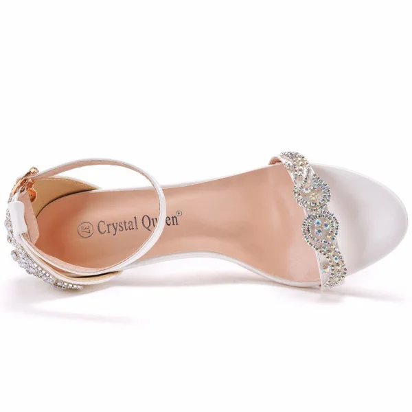 Charmant Blanche Faux Diamant Chaussure De Mariée 2022 Bride Cheville 7 cm Talons Aiguilles Peep Toes / Bout Ouvert Talons Hauts