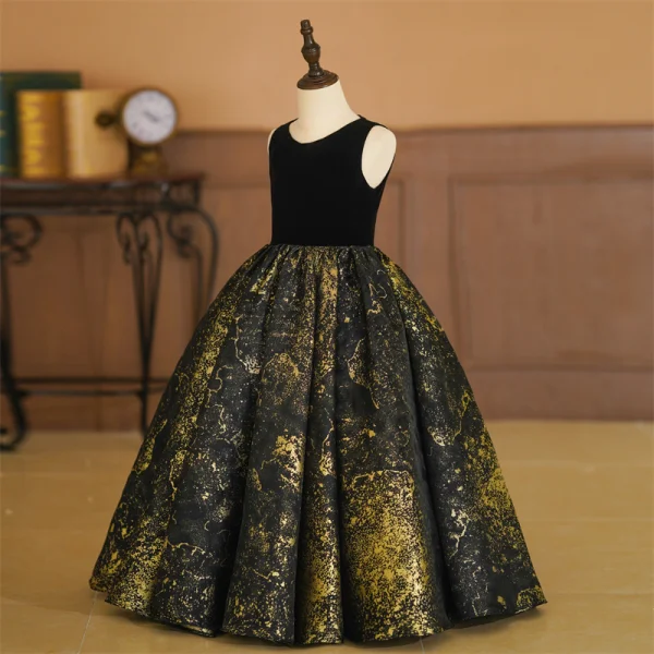 Elegant Gold Black Birthday Flower Girl Dresses 2024 Ball Gown Scoop Neck Sleeveless Floor-Length / Long