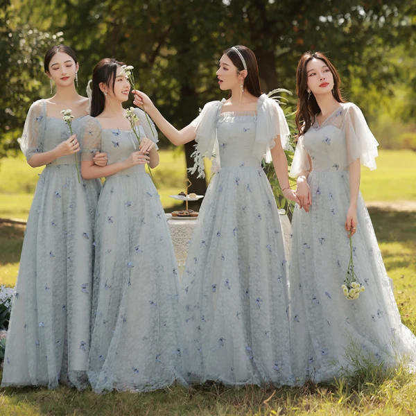 Chic / Belle Bleu Ciel Papillon Appliques Robe Demoiselle D'honneur 2022 Princesse Encolure Carrée Manches Courtes Dos Nu Longue