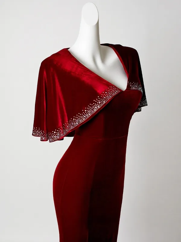 Chic / Beautiful Burgundy Velvet Sequins Prom Dresses 2026 Zipper Up Sweep Train V-Neck Formal Dresses Prom Short Sleeve Trumpet / Mermaid