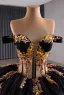 Haut de Gamme Noire Fait main Perlage Paillettes Quinceañera Robe De Bal 2025 Robe Boule De l'épaule 1/2 Manches Dos Nu Tribunal Train Robe De Ceremonie
