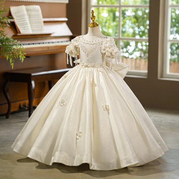 Y2K-Inspired Ivory Beading Crystal Appliques Birthday Flower Girl Dresses 2026 Ball Gown Scoop Neck Short Sleeve Bow
