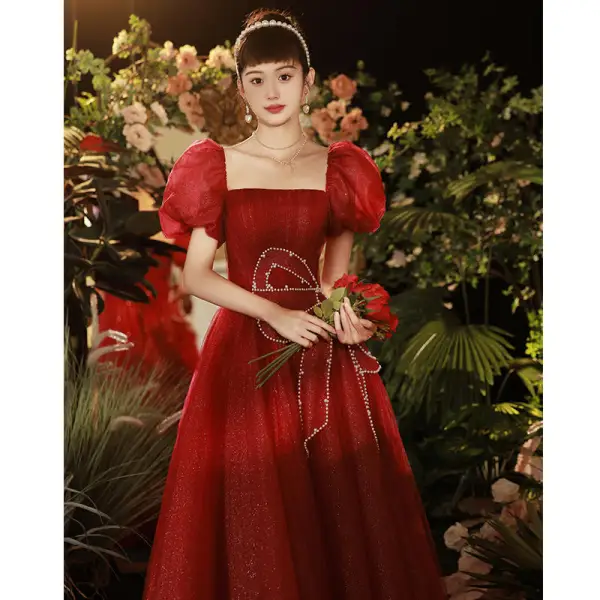 Chic / Beautiful Burgundy Pearl Sequins Prom Dresses 2022 A-Line / Princess Square Neckline Puffy Short Sleeve Floor-Length / Long Prom Formal Dresses