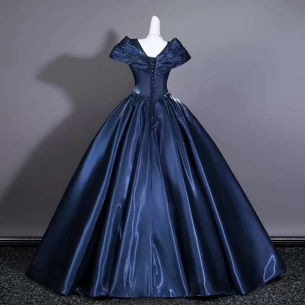 Vintage / Originale Bleu Marine Satin Robe De Bal 2026 Robe Boule V-Cou Manches Courtes Dos Nu Longue