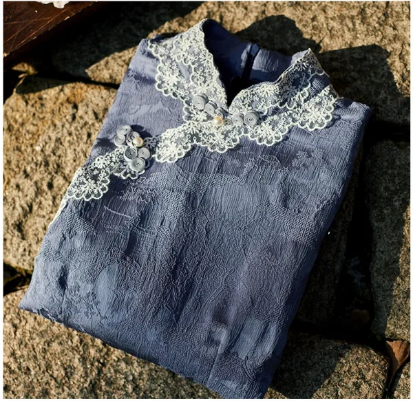 Vintage / Retro Chinese style Sky Blue Lace Flower Summer Street Wear Cheongsam 2024 Trumpet / Mermaid High Neck 1/2 Sleeves Tea-length