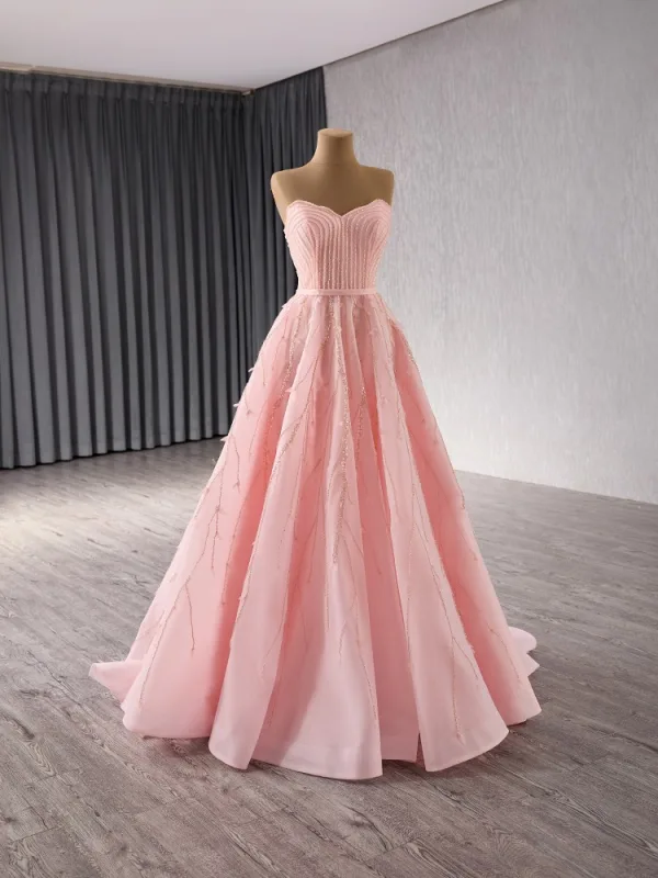 High End Rosa Handgefertigt Perlenstickerei Pailletten Ballkleider 2024 Ballkleid Bandeau Ärmellos Rückenfreies Lange Ball Festliche Kleider
