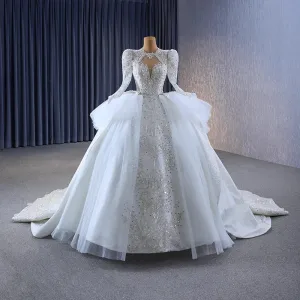 Luxury Gorgeous Sparkly White Handmade Beading Pearl Rhinestone Sequins Cascading Ruffles Wedding Dresses 2023 Ball Gown Scoop Neck Long Sleeve Backless