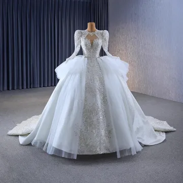Luxury Gorgeous Sparkly White Handmade Beading Pearl Rhinestone Sequins Cascading Ruffles Wedding Dresses 2023 Ball Gown Scoop Neck Long Sleeve Backless
