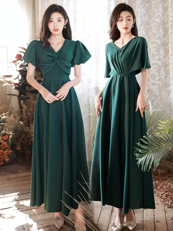 Modest Simple Dark Green Satin Bridesmaid Dresses 2022 A-Line Princess Short Sleeve Long