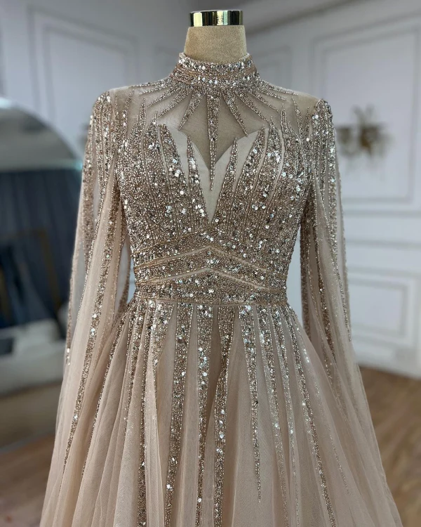 High End Elegante Lindgrün Handgefertigt Perlenstickerei Pailletten Ballkleider 2024 A Linie Stehkragen Lange Ärmel Sweep / Pinsel Zug Ball Festliche Kleider