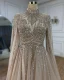 High End Elegante Lindgrün Handgefertigt Perlenstickerei Pailletten Ballkleider 2024 A Linie Stehkragen Lange Ärmel Sweep / Pinsel Zug Ball Festliche Kleider