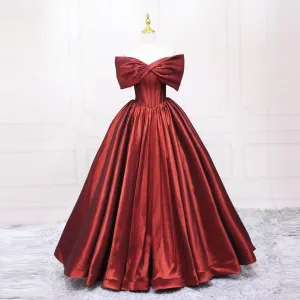 Élégant Bordeaux Satin Robe De Bal 2025 Robe Boule Noeud De L Épaule Manches Courtes Dos Nu Longue Promo Robe De Ceremonie