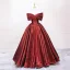 Elegant Burgundy Satin Prom Dresses 2025 Ball Gown Bow Off-The-Shoulder Short Sleeve Backless Floor-Length / Long Prom Formal Dresses