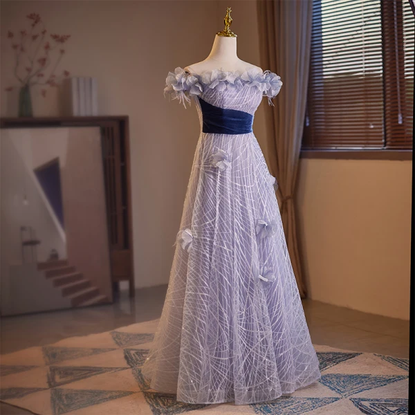 Elegant Lavender Appliques Sequins Prom Dresses 2023 A-Line / Princess Off-The-Shoulder Sleeveless Backless Floor-Length / Long Prom Formal Dresses